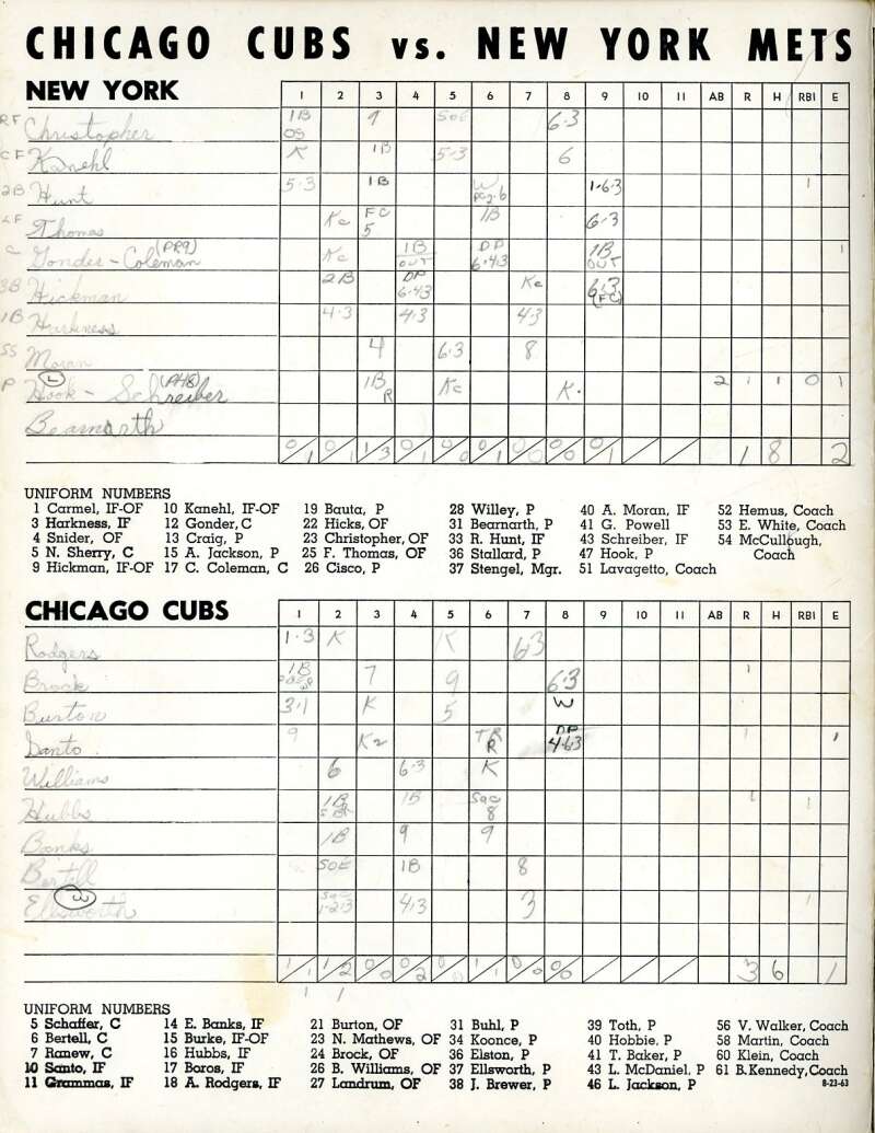 Snider Santo Hickman 1963 Cubs vs Mets Game Program Signed by 5