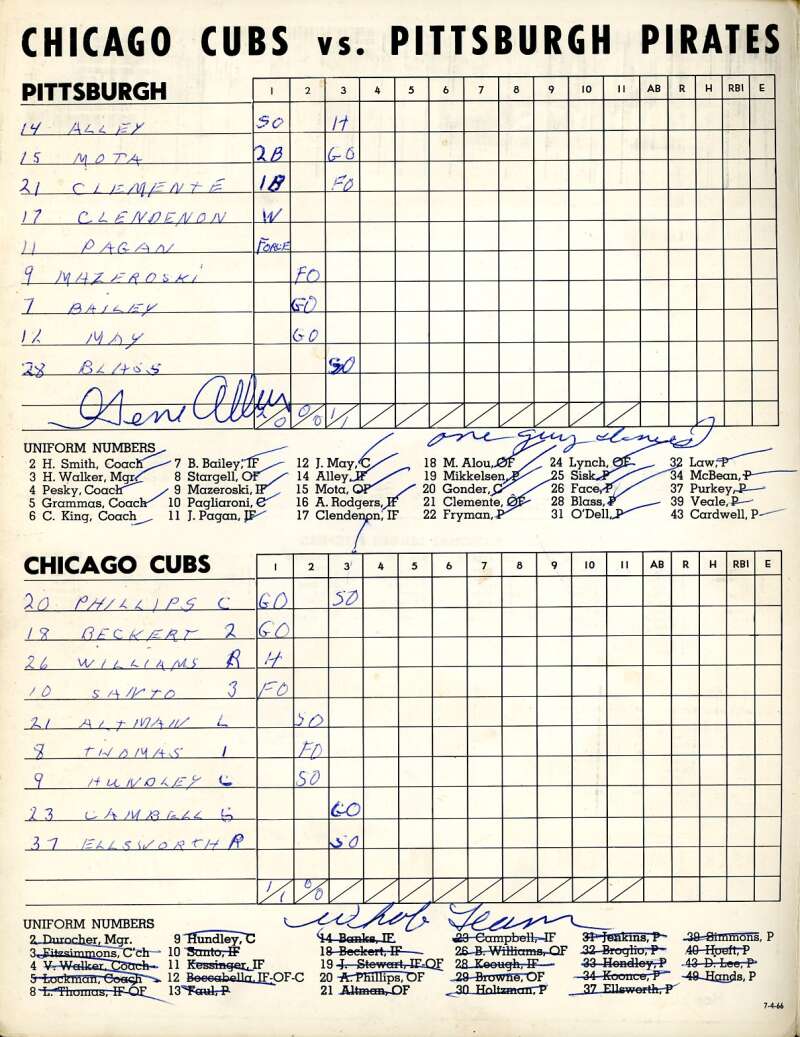 Bob Uecker Jenkins Kessinger Hundley 1966 Cubs vs Pirates Game Program With Ticket Signed by 15