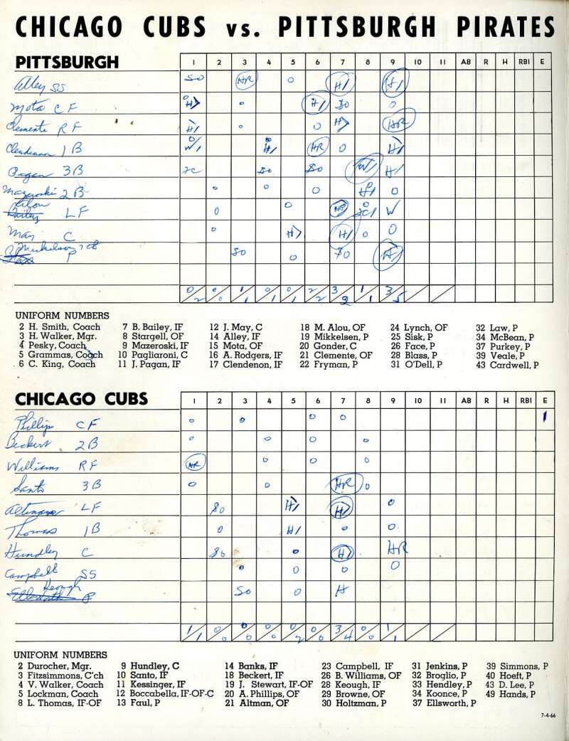 Jenkins Simmons Phillips Walker 1966 Cubs vs Pirates Game Program Signed by 11