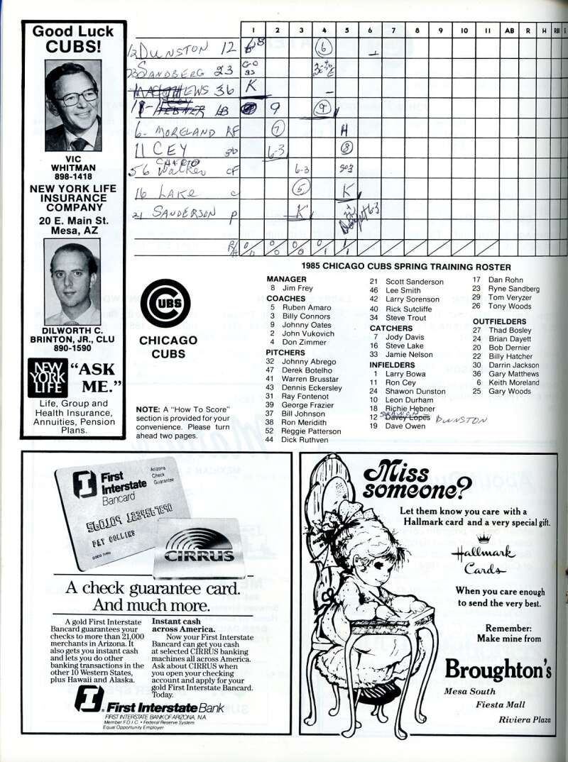 Lee Smith 1985 Cubs vs Brewers Spring Game Program Signed