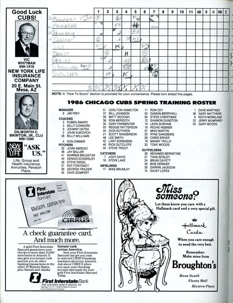 Lee Smith 1986 Cubs vs Indians Spring Game Program Signed