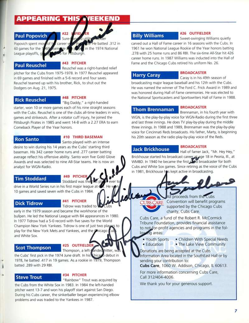 Brickhouse Popovich Kingman 1993 Cubs Game Program Signed by 5