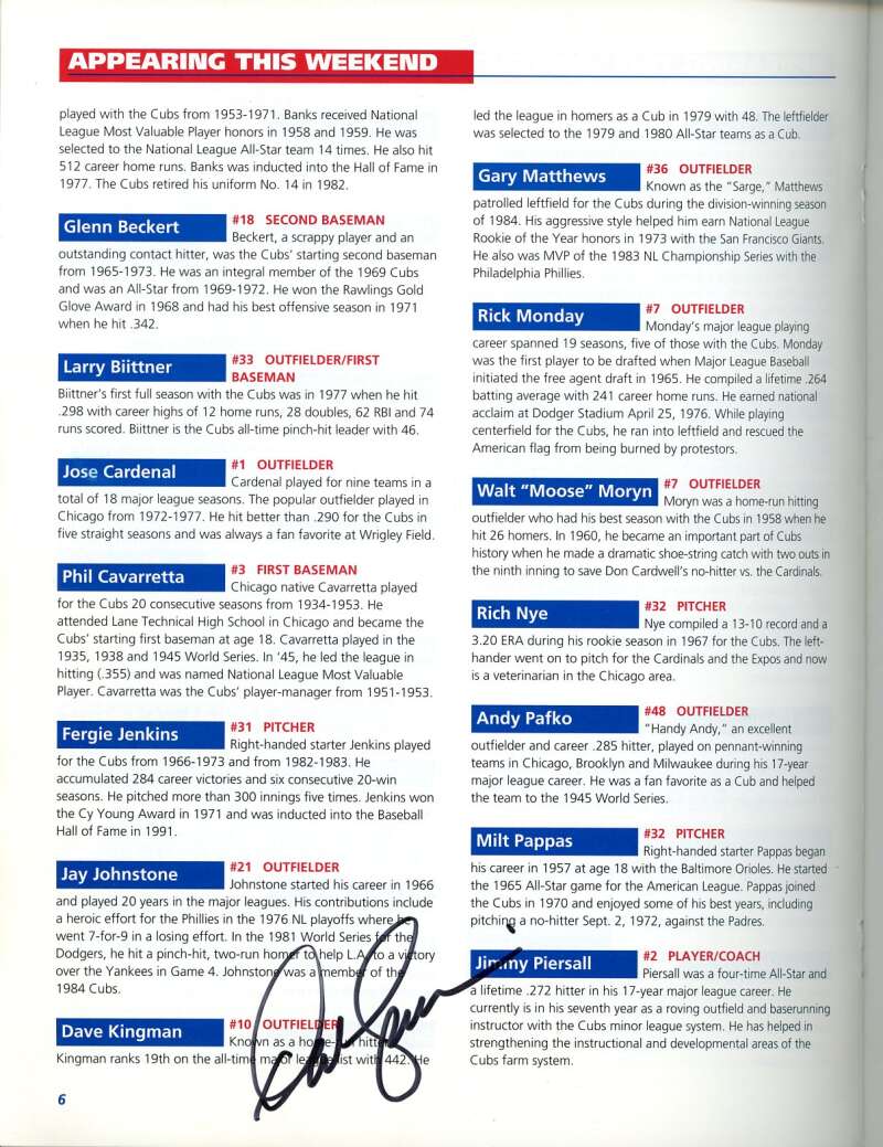 Brickhouse Popovich Kingman 1993 Cubs Game Program Signed by 5