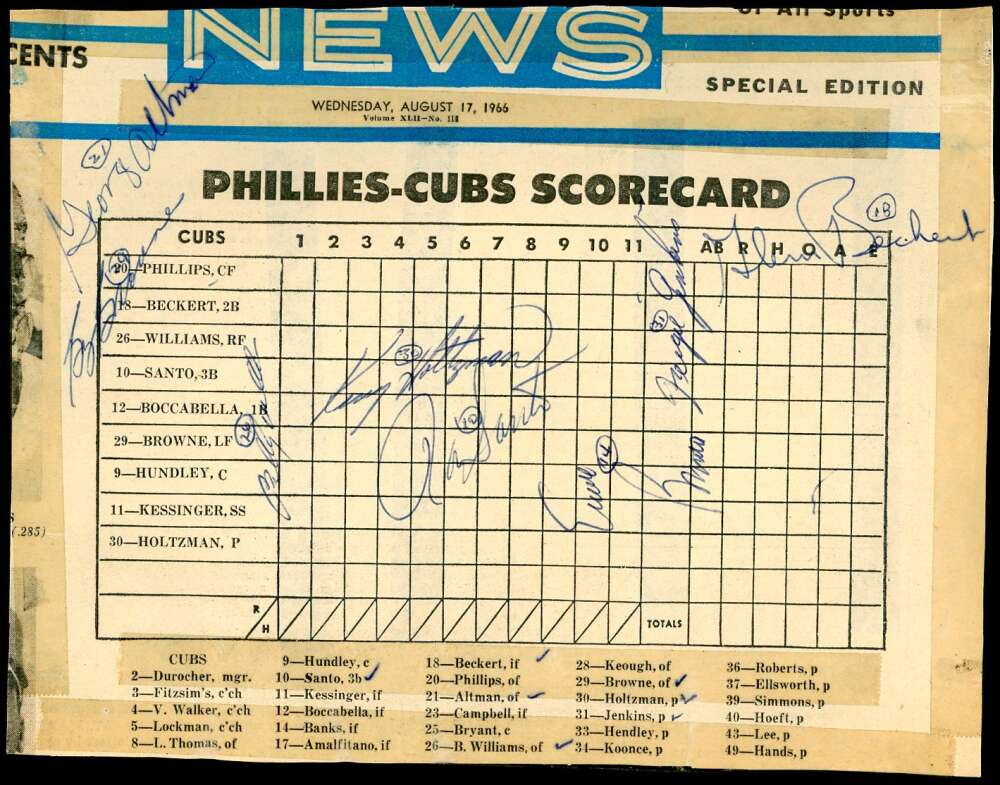 Banks Holtzman Jenkins Williams 1966 Cubs vs Phillies News Scorecard Signed by 8