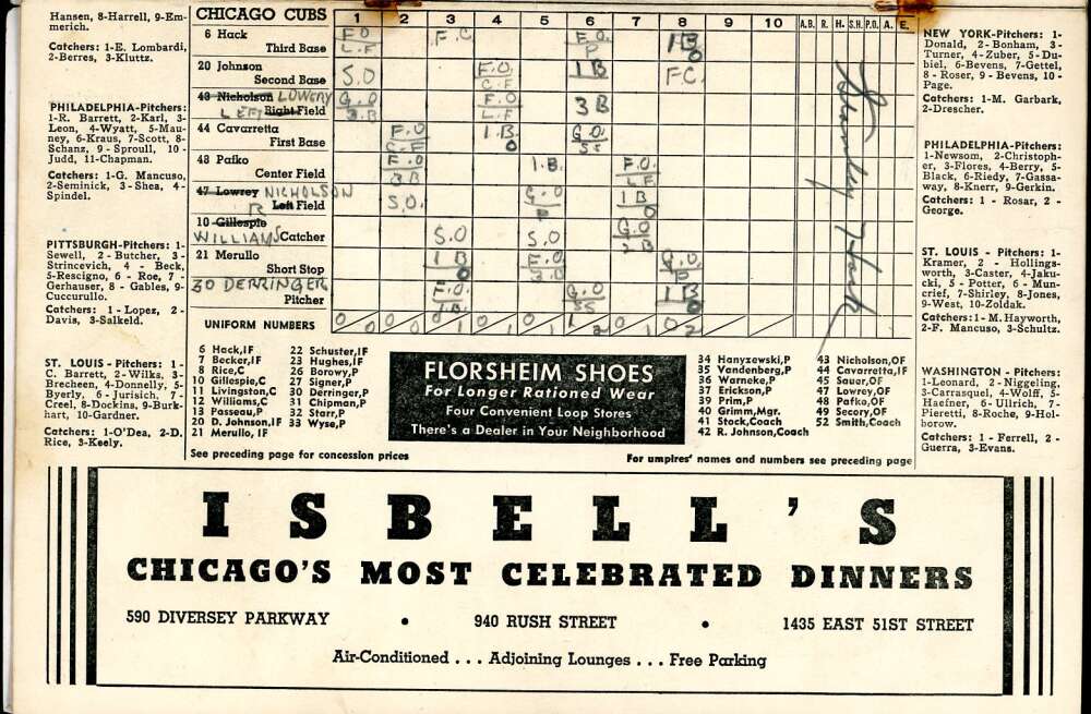Pafko Cavarretta Lowrey Wyse 1945 Cubs vs Pirates Game Program Signed by 5