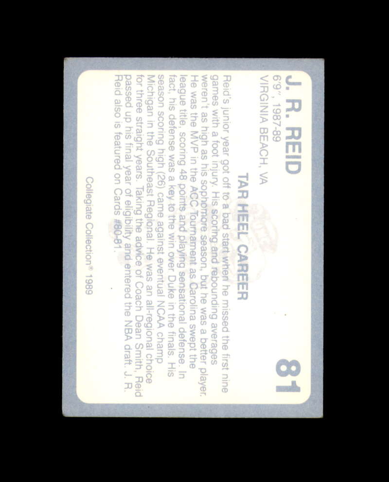 J.R. Reid Signed 1989 Collegiate Collection North Carolina Autograph