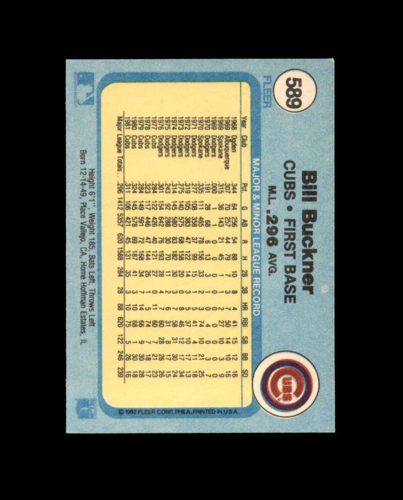 Bill Buckner Signed 1982 Fleer Chicago Cubs Autograph