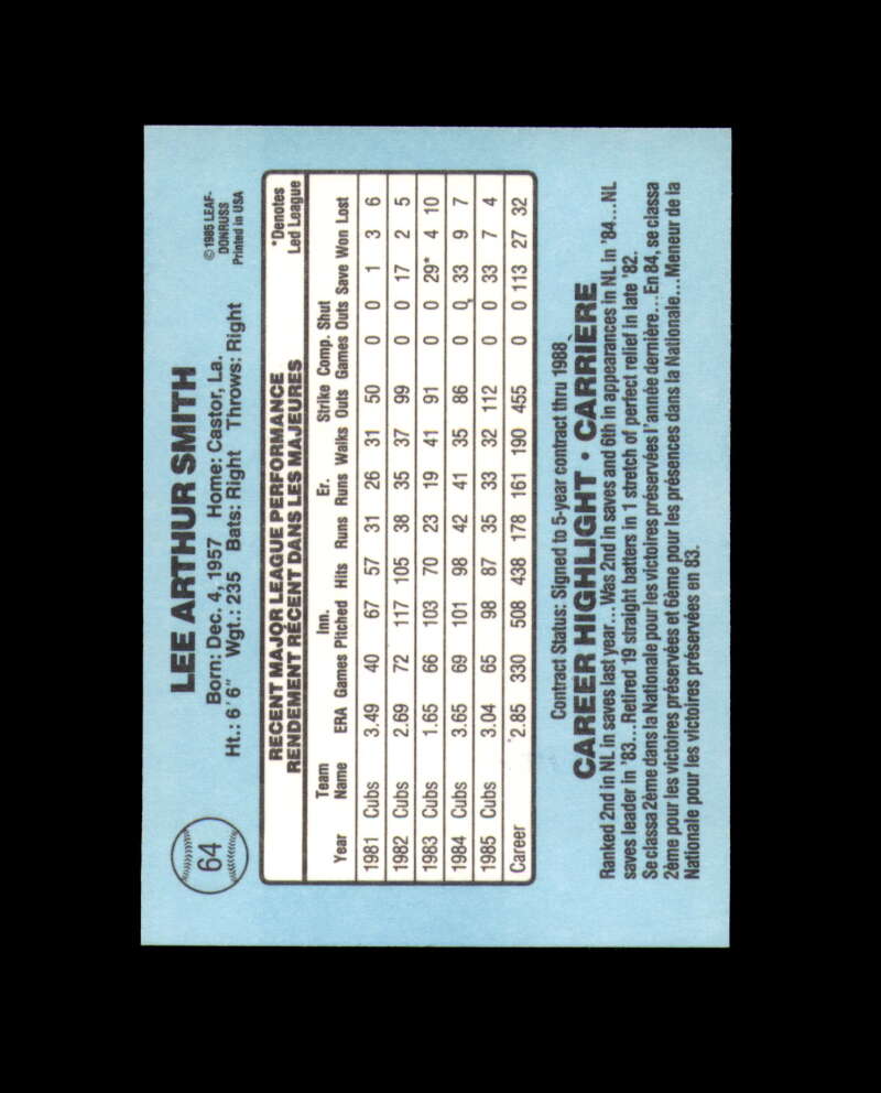 Lee Smith Signed 1986 Donruss Leaf Chicago Cubs Autograph