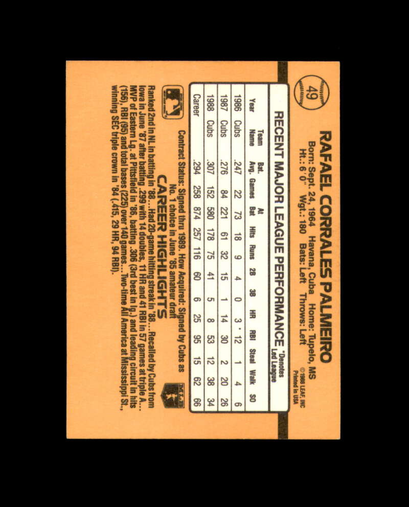 Rafael Palmeiro Signed 1989 Donruss Chicago Cubs Autograph