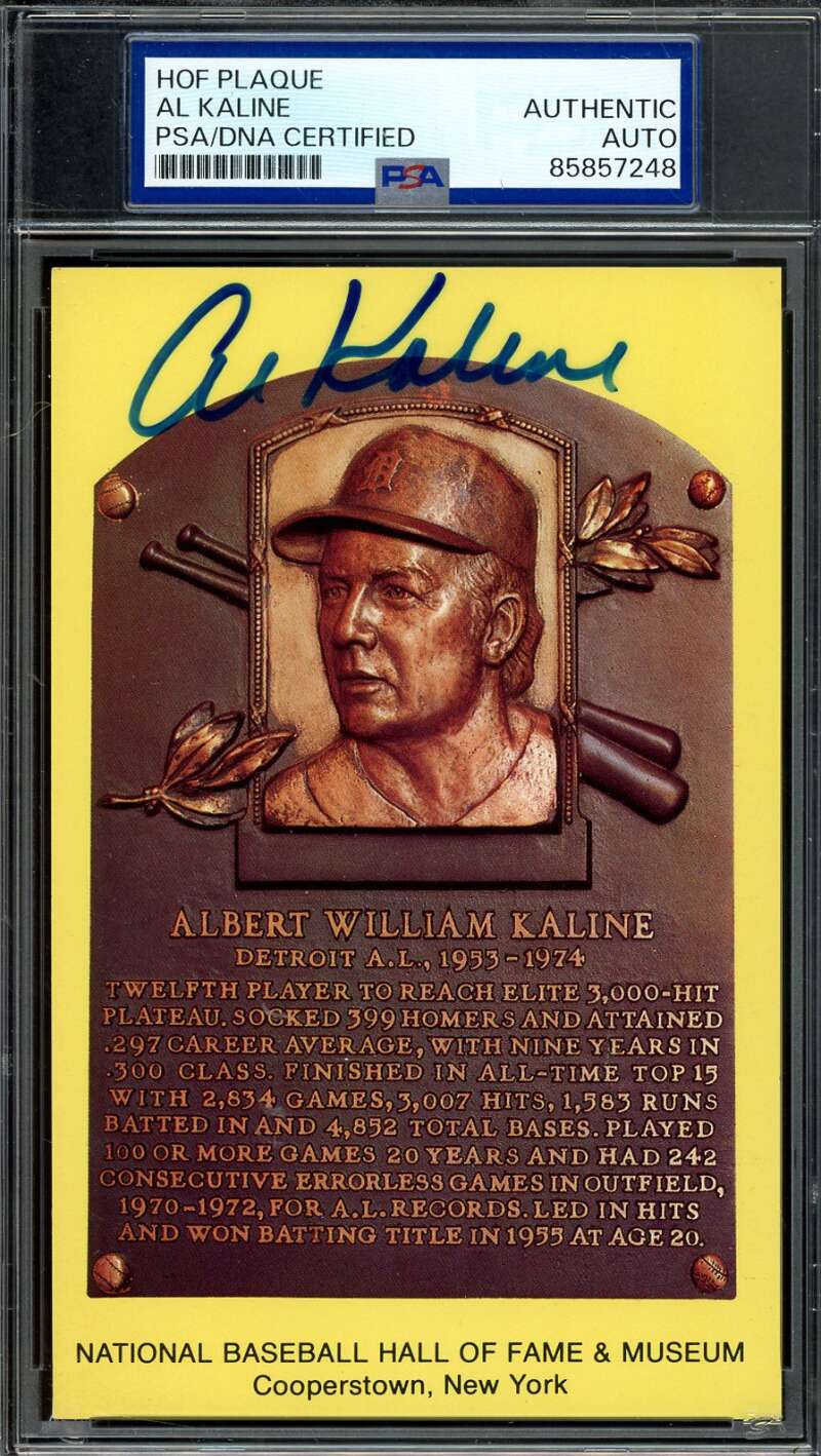 Al Kaline PSA DNA Coa Signed Gold Hall of Fame Plaque Postcard Autograph