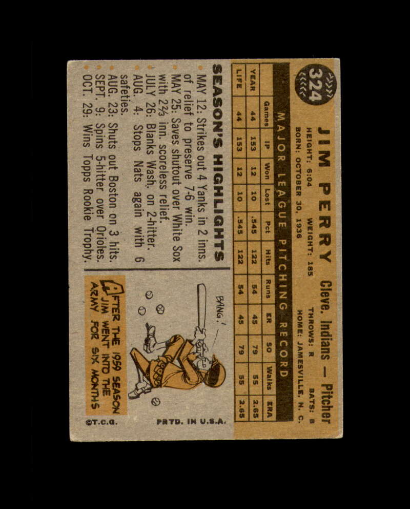 Jim Perry Signed 1960 Topps All Star Rookie Cleveland Autograph