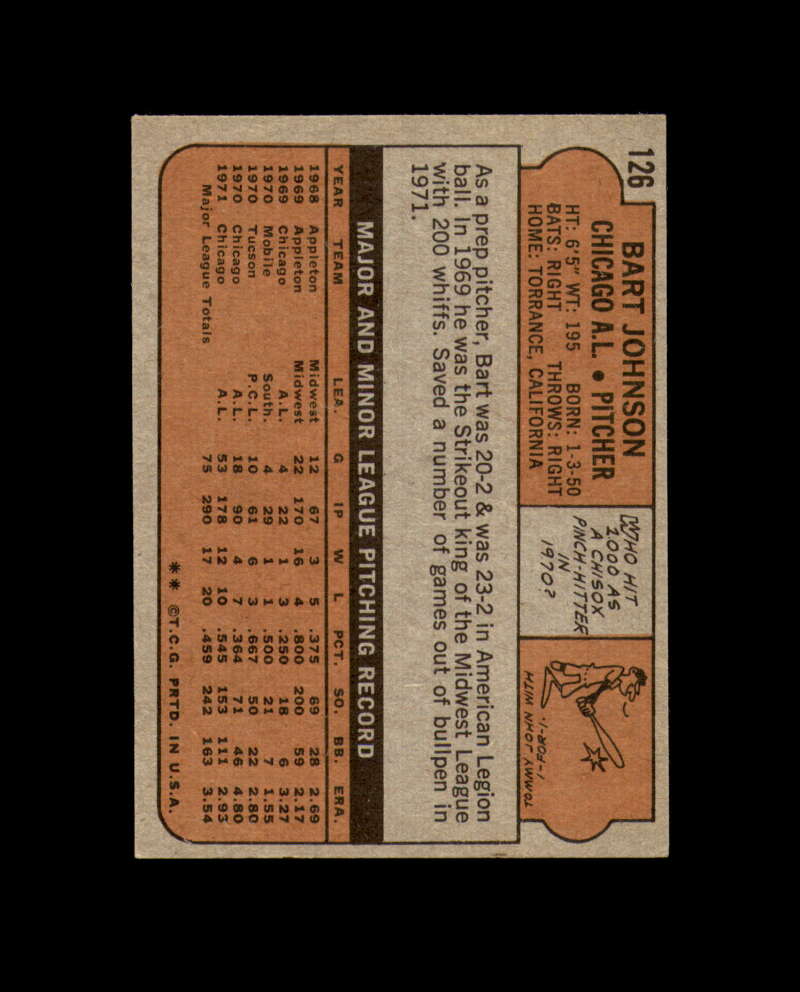 Bart Johnson Signed 1972 Topps Chicago White Sox Autograph