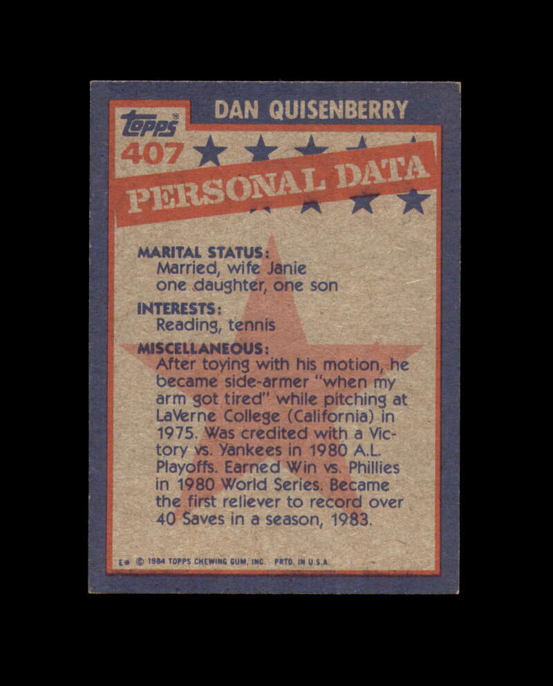 Dan Quisenberry Signed 1984 Topps All Star Kansas City Royals Autograph
