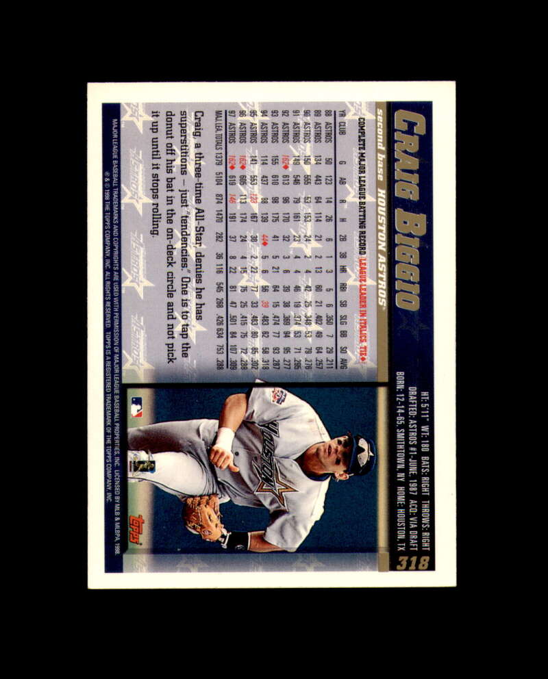 Craig Biggio Signed 1998 Topps Houston Astros Autograph
