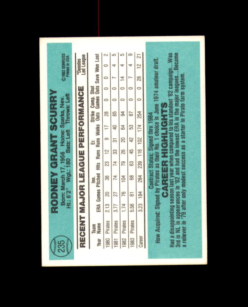 Rod Scurry Signed 1984 Donruss Pittsburgh Pirates Autograph