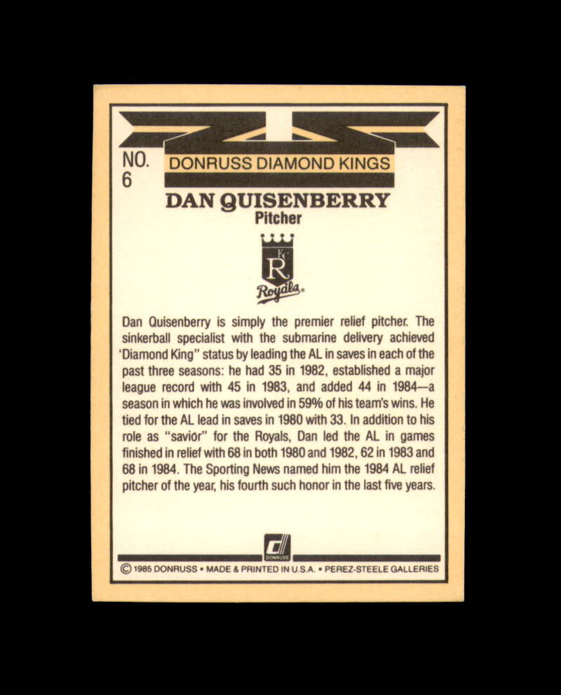 Dan Quisenberry Signed 1985 Donruss Diamond Kings Kansas City Royals Autograph