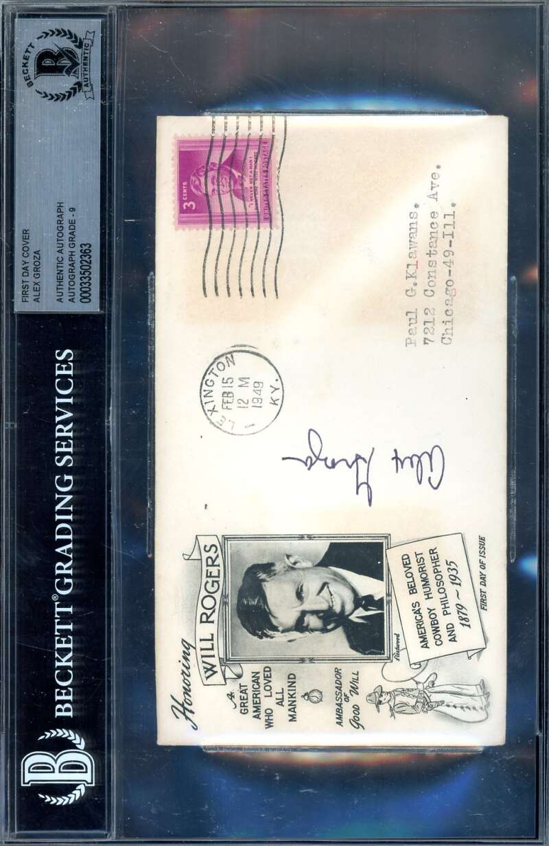 Alex Groza Mint 9 Beckett BAS Signed 1949 First Day Cover Cache FDC Kentucky  Autograph
