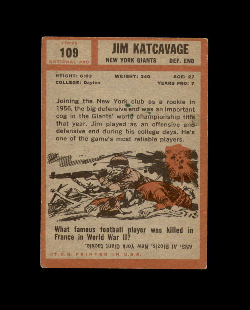 Jim Katcavage Signed 1962 Topps New York Giants Autograph