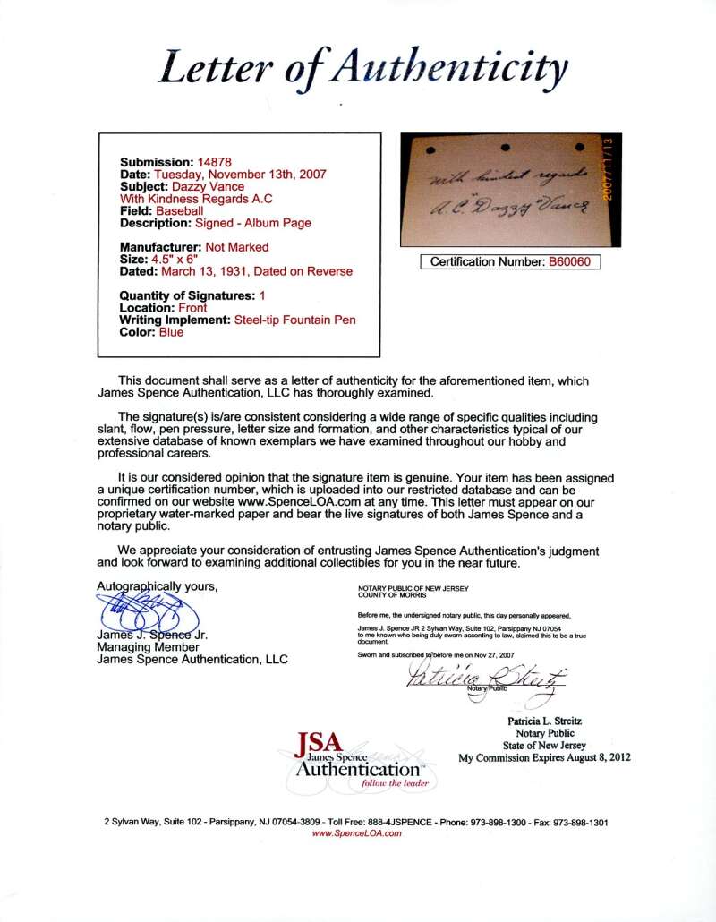 Dazzy Vance JSA Loa Signed Album Page Autograph