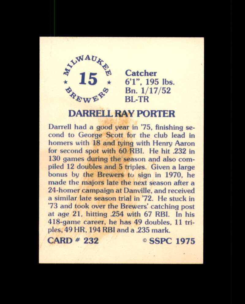 Darrell Porter Signed 1975 SSPC Milwaukee Autograph