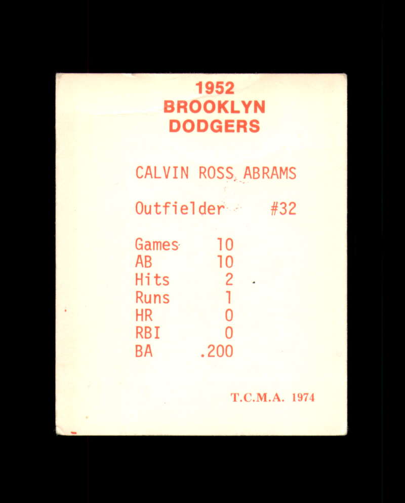 Cal Abrams Signed 1974 TCMA 1952 Dodgers Brooklyn Dodgers Autograph