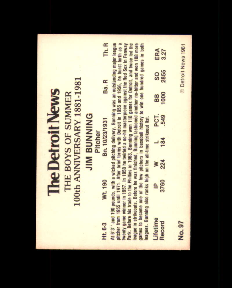 Jim Bunning Signed 1981 Detroit News Detroit Tigers Autograph