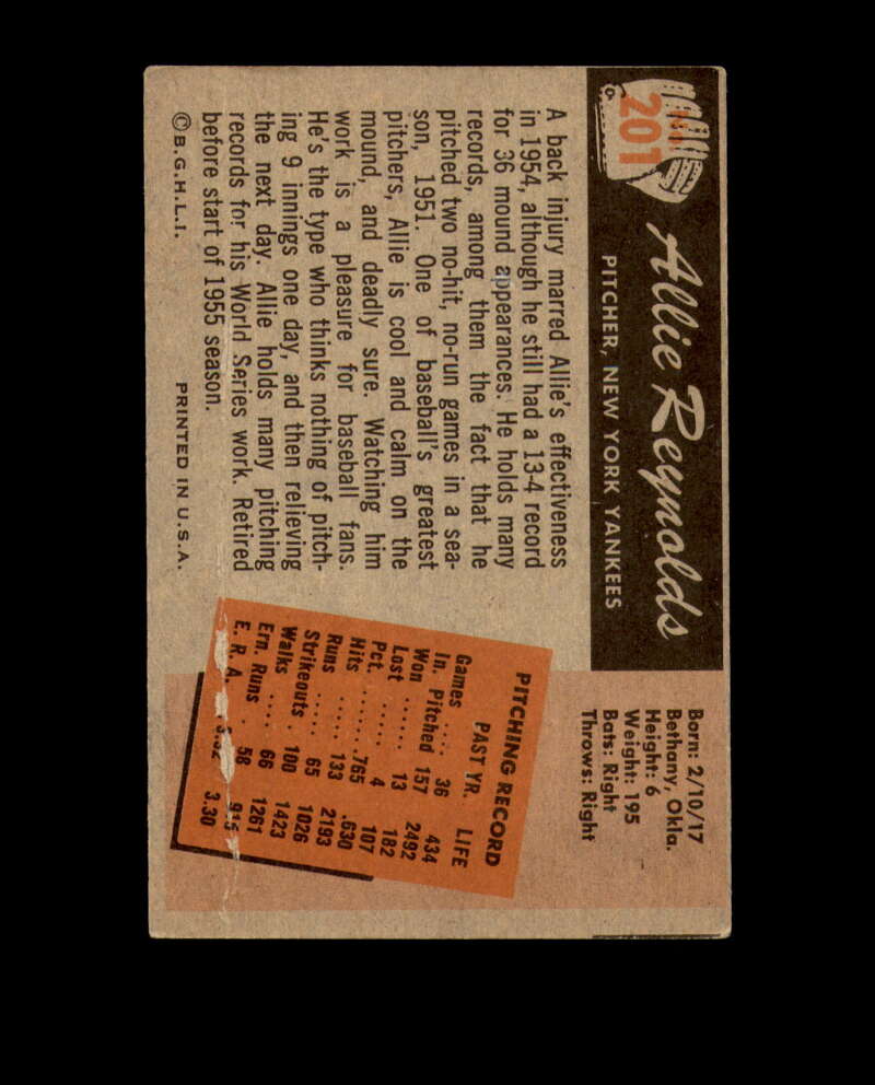 Allie Reynolds Signed 1955 Bowman New York Yankees Autograph