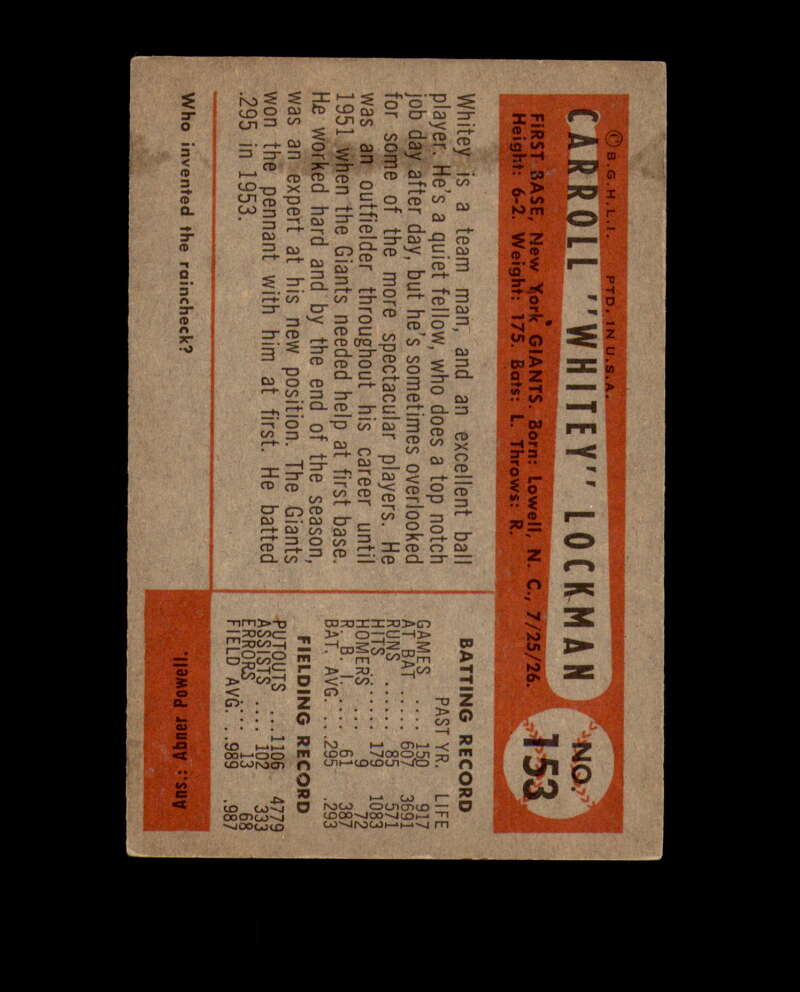 Whitey Lockman Signed 1954 Bowman New York Giants Autograph