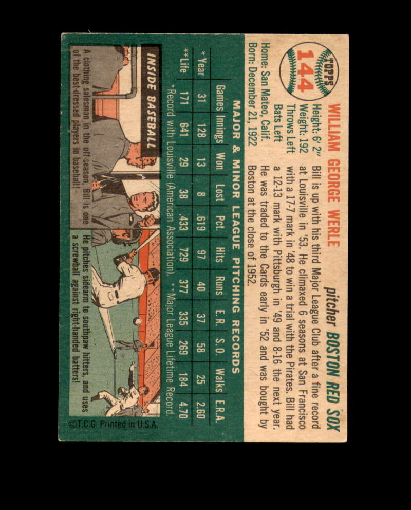 Bill Werle Signed 1954 Topps Boston Red Sox Autograph