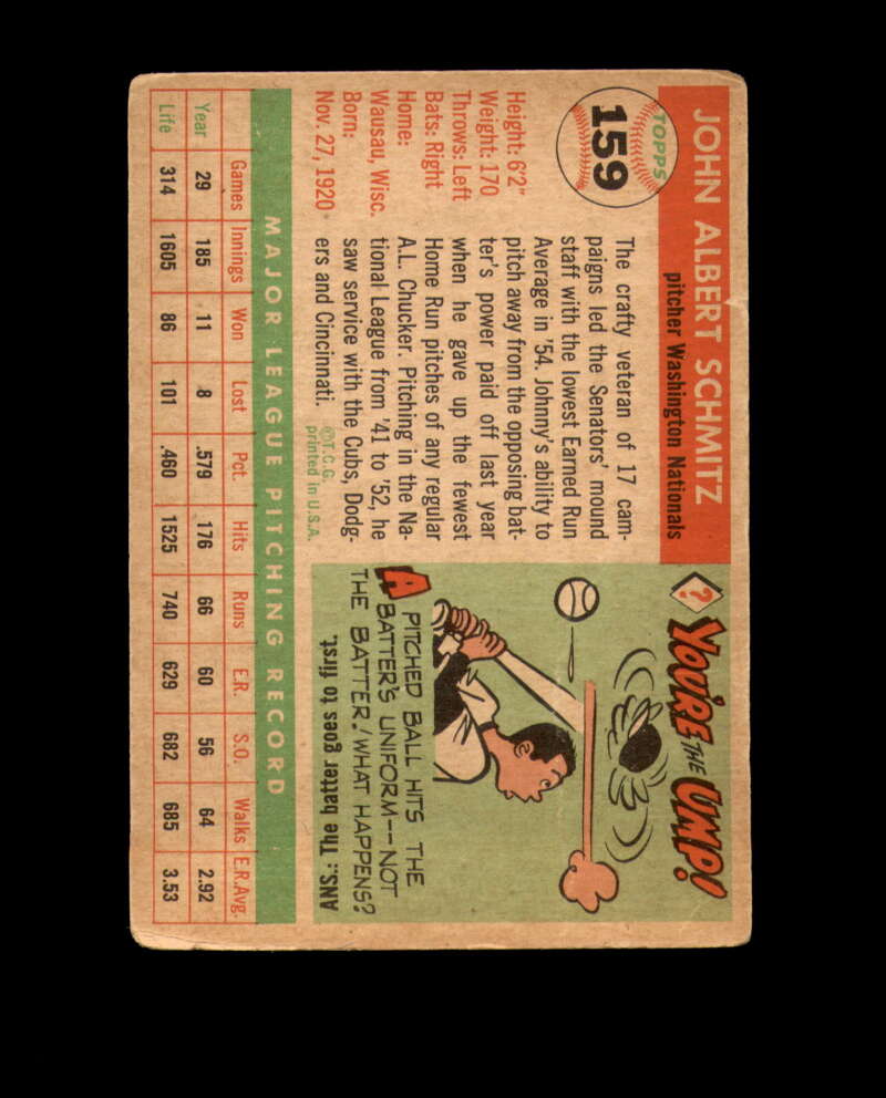 Johnny Schmitz Signed 1955 Topps Washington Nationals Autograph