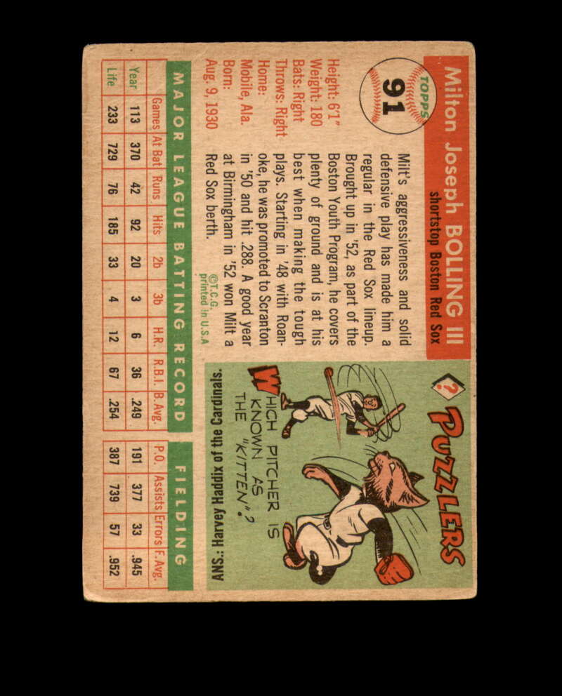 Milt Bolling Signed 1955 Topps Boston Red Sox Autograph