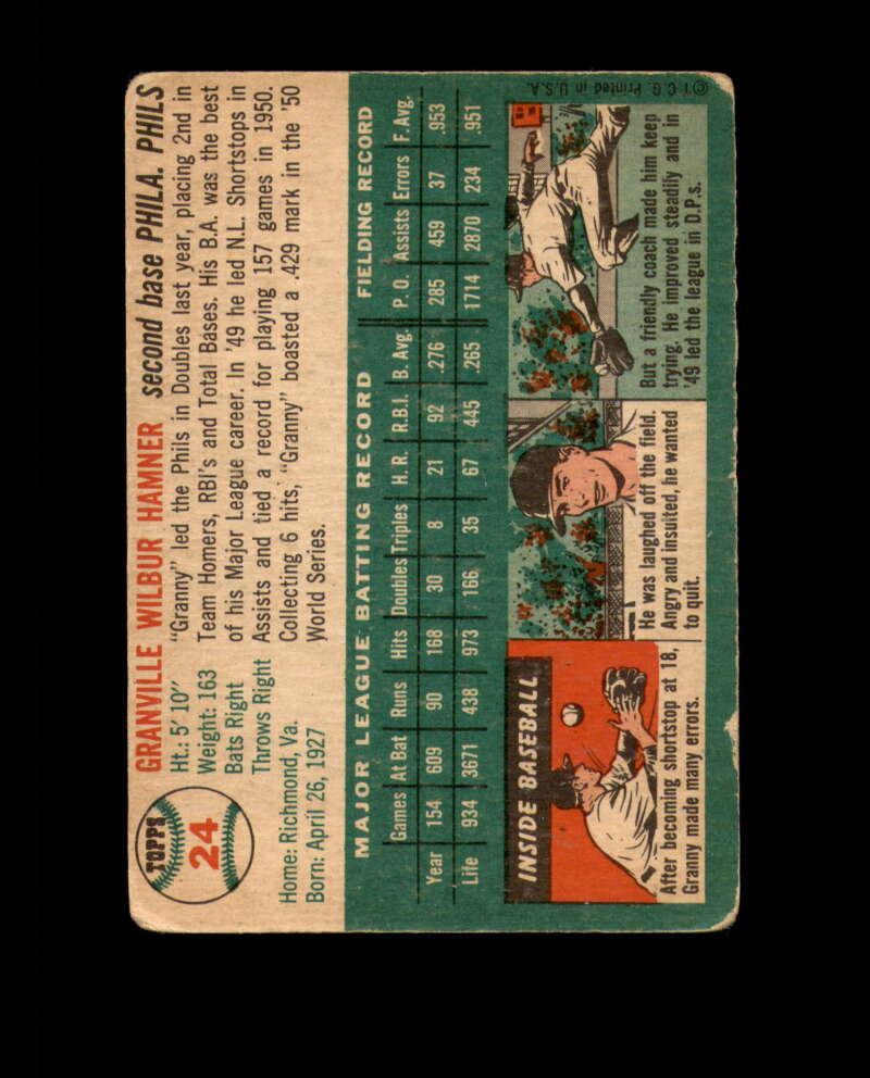Granny Hamner Signed 1954 Topps Philadelphia Phillies Autograph