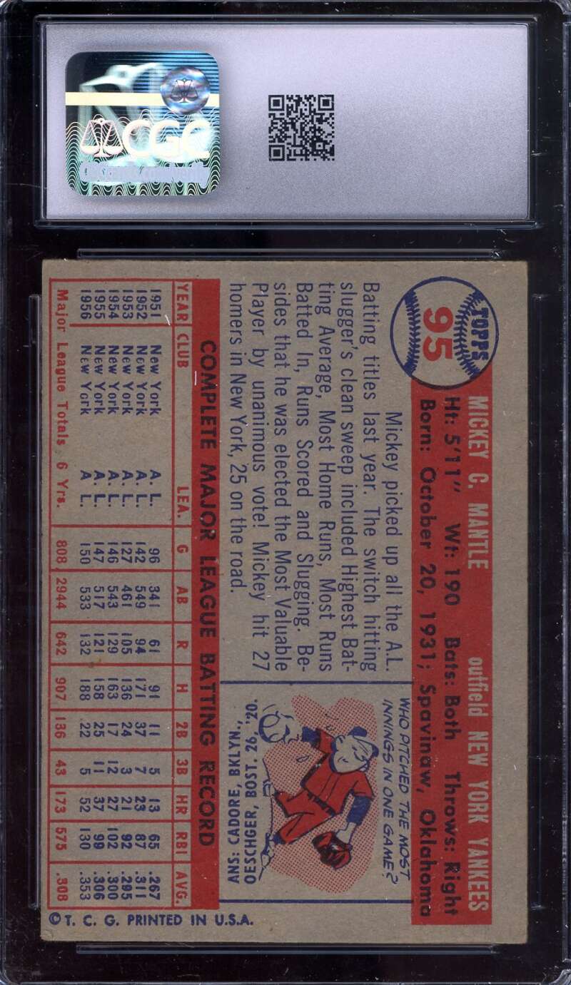 Mickey Mantle EX 5 CGC Nice 1957 Topps Graded