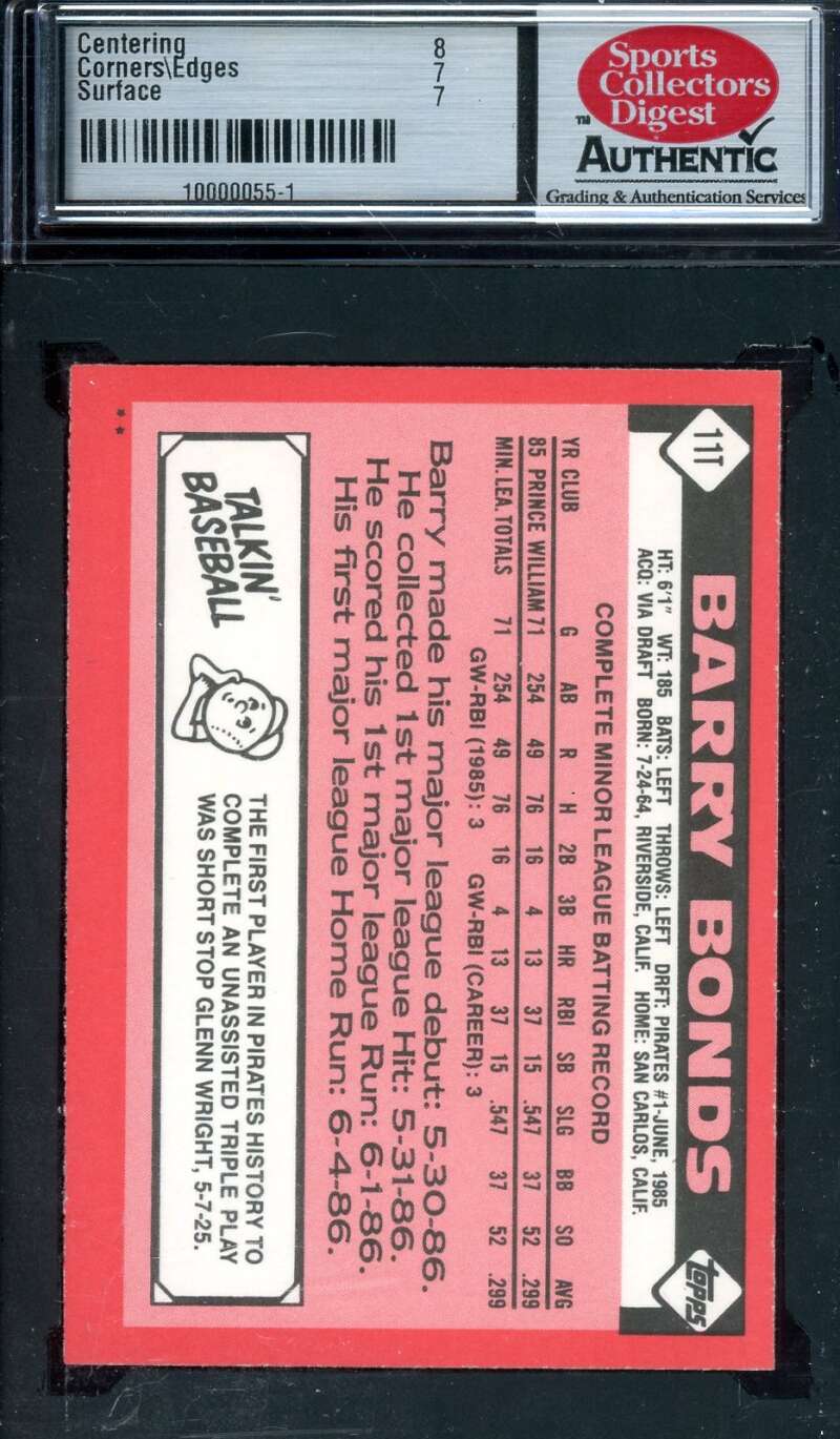 Barry Bonds NM 7 SCD 1986 Topps Traded Rookie Graded