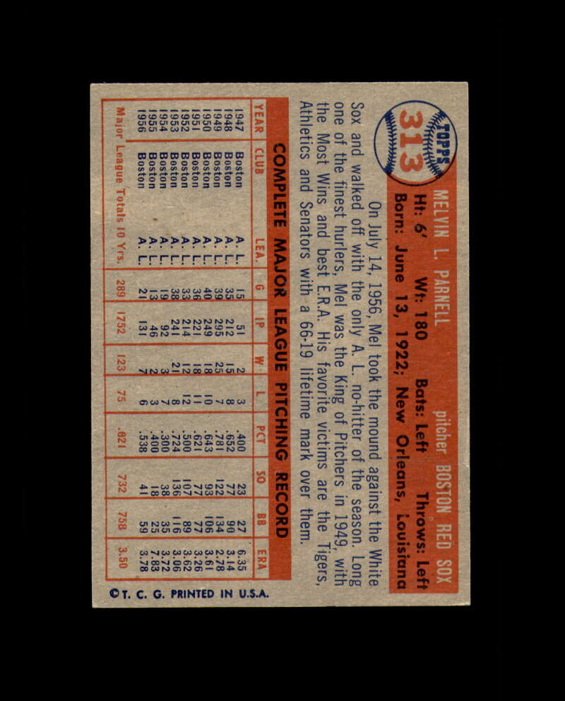 Mel Parnell Signed 1957 Topps Boston Red Sox Autograph