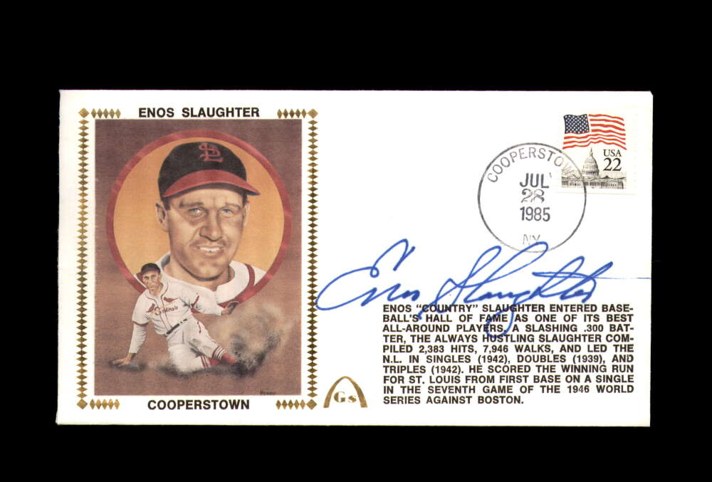 Enos Slaughter Signed 1985 First Day Cover Cache FDC Cooperstown Autograph