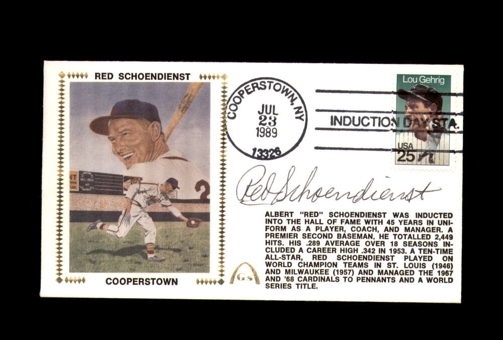 Red Schoendienst Signed 1989 First Day Cover Cache FDC Cooperstown Autograph