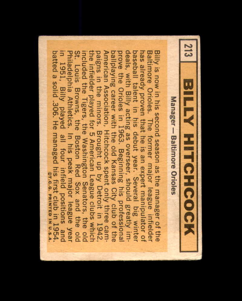 Billy Hitchcock Signed 1963 Topps Baltimore Orioles Autograph