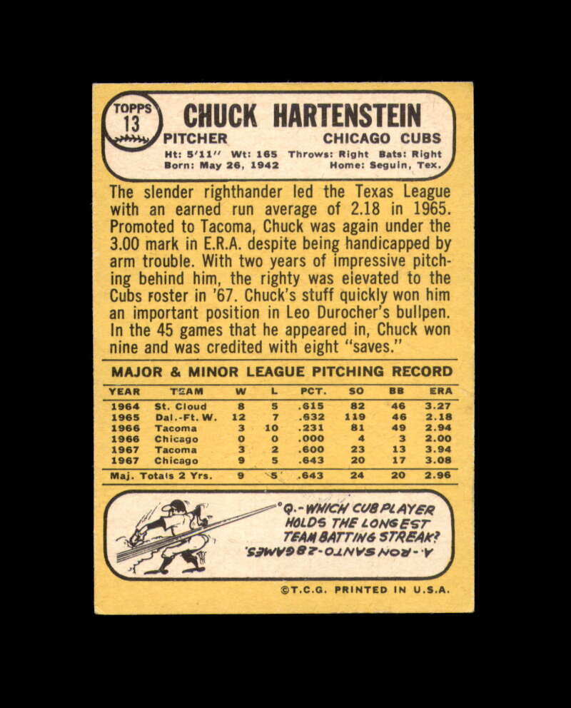 Chuck Hartenstein Signed Original 1968 Topps Chicago Cubs Autograph