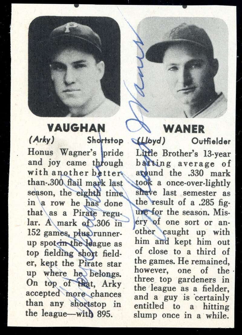 Arky Vaughan Lloyd Waner Beckett BAS Signed 3x4 Newspaper Cut Autograph