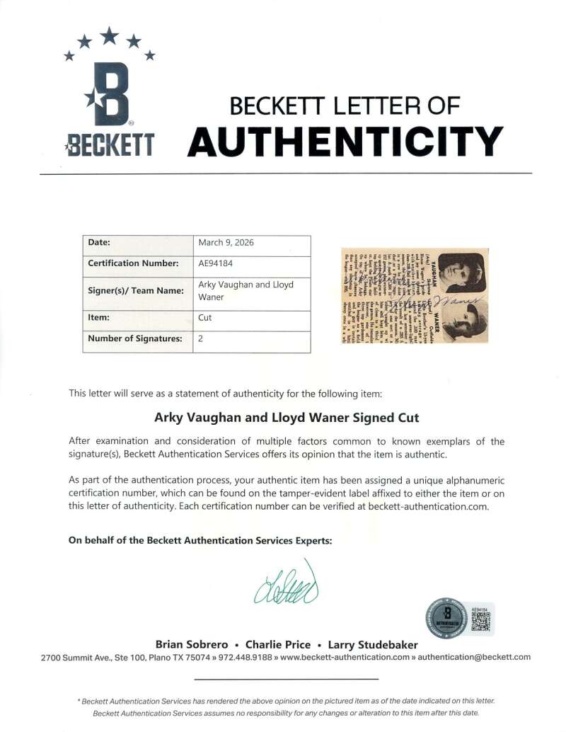 Arky Vaughan Lloyd Waner Beckett BAS Signed 3x4 Newspaper Cut Autograph