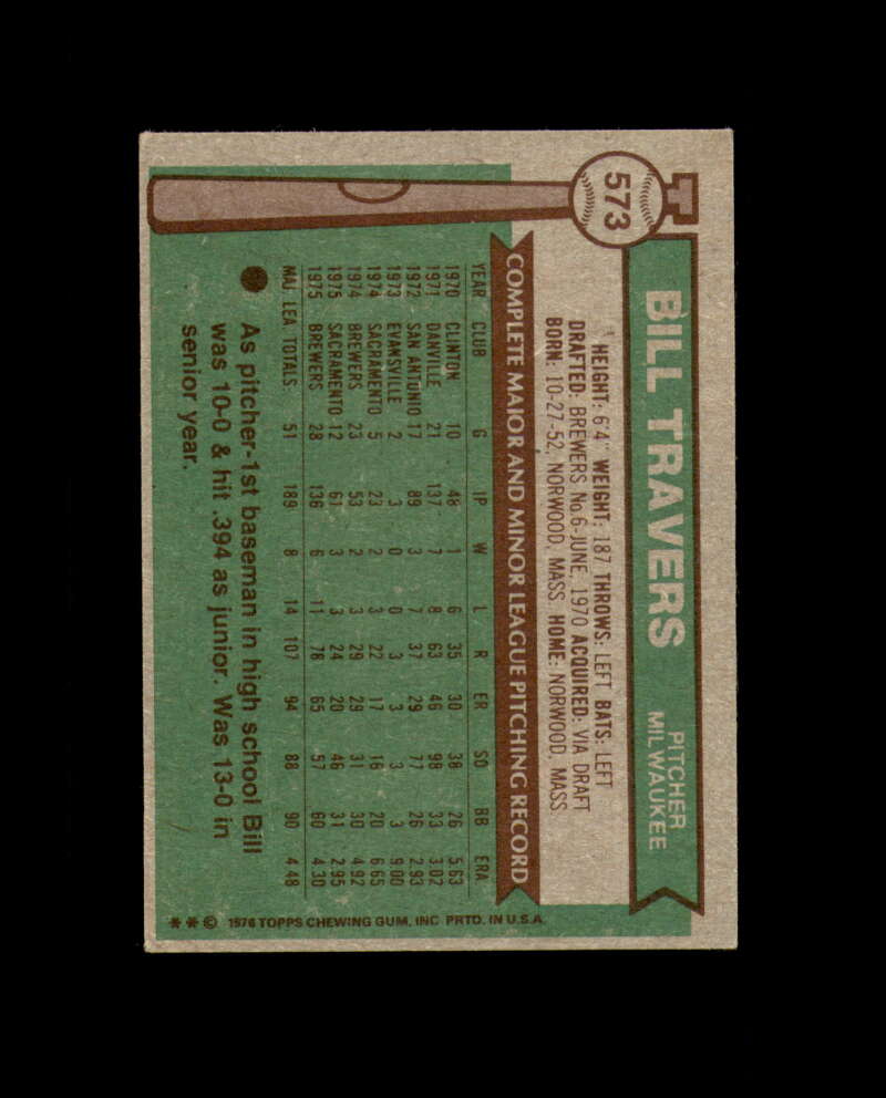 Bill Travers Signed 1976 Topps Milwaukee Autograph