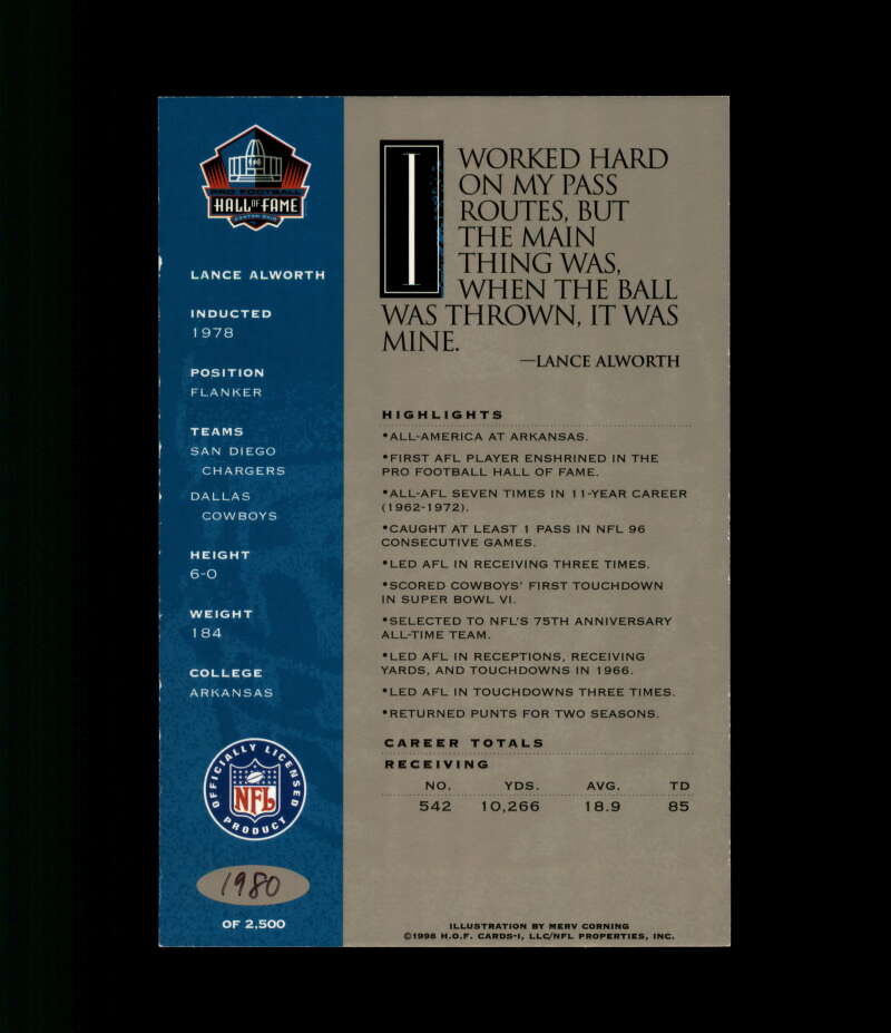 Lance Alworth NFL Coa Signed 1998 HOF Signature Series /2500 Autograph