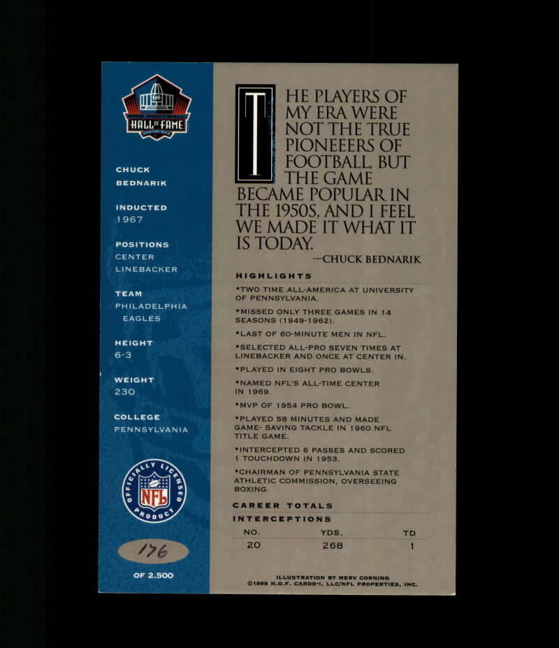 Chuck Bednarik NFL Coa Signed 1998 HOF Signature Series /2500 Autograph