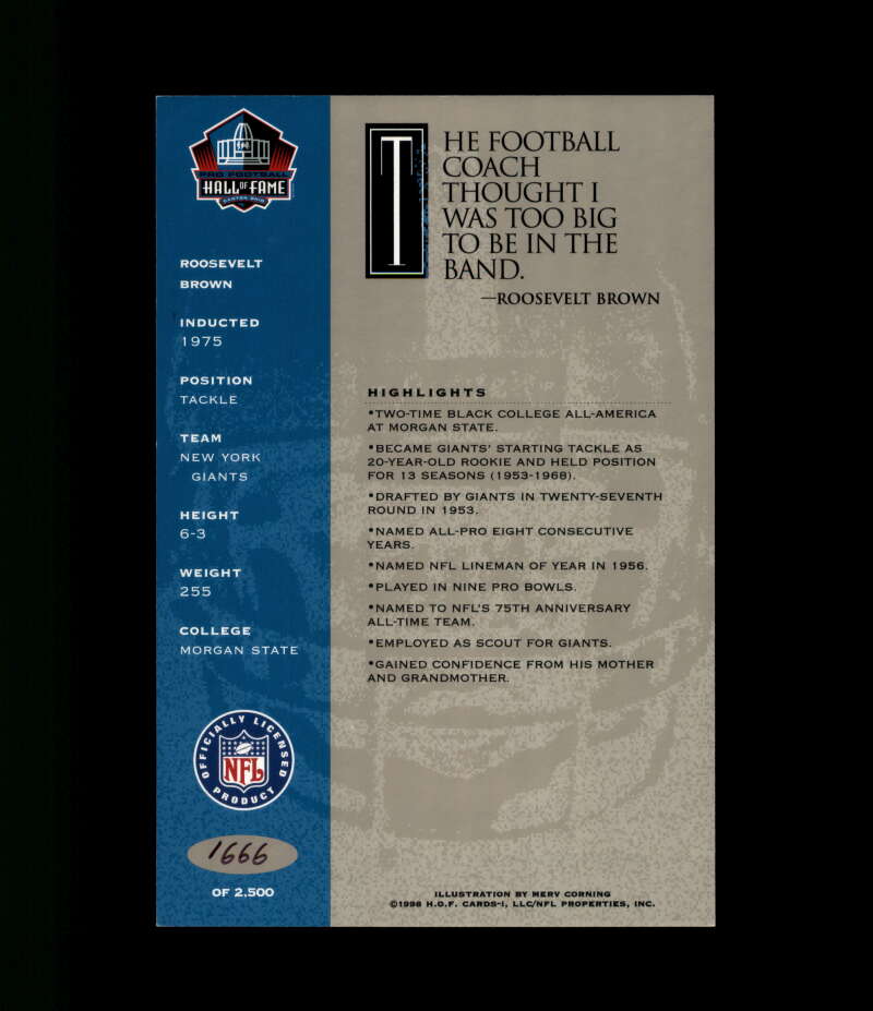Roosevelt Brown NFL Coa Signed 1998 HOF Signature Series /2500 Autograph