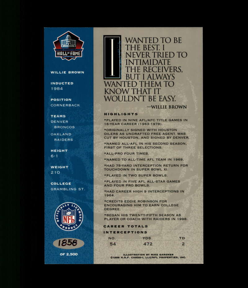 Willie Brown NFL Coa Signed 1998 HOF Signature Series /2500 Autograph