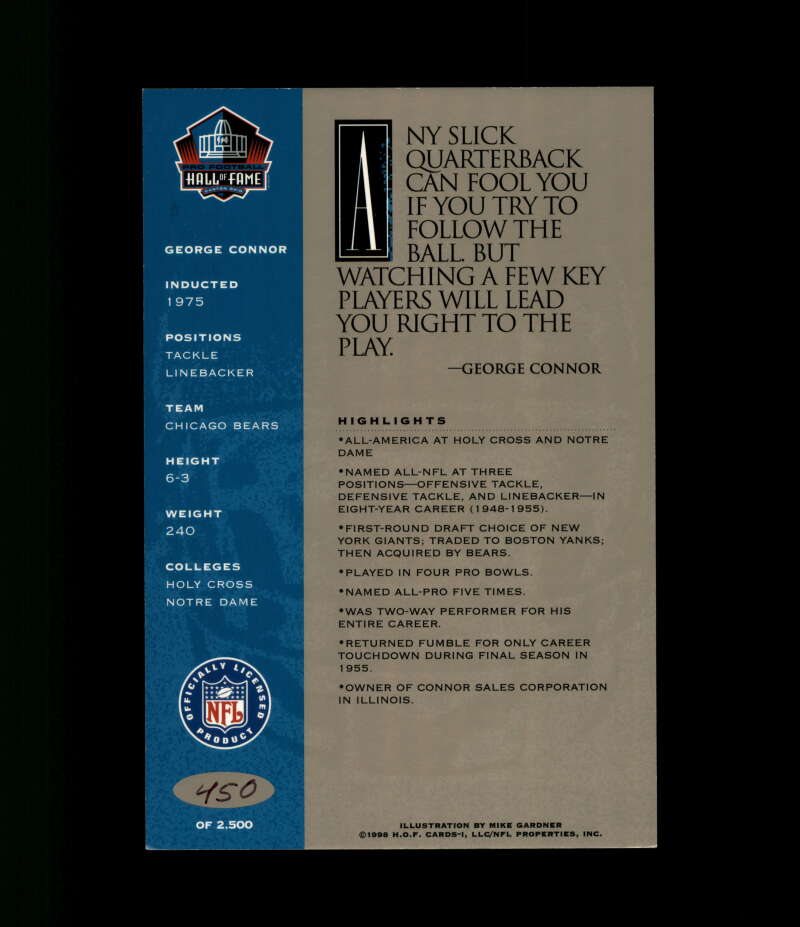 George Connor NFL Coa Signed 1998 HOF Signature Series /2500 Autograph