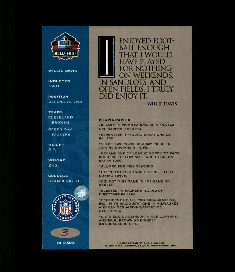 Willie Davis NFL Coa Signed 1998 HOF Signature Series /2500 Autograph