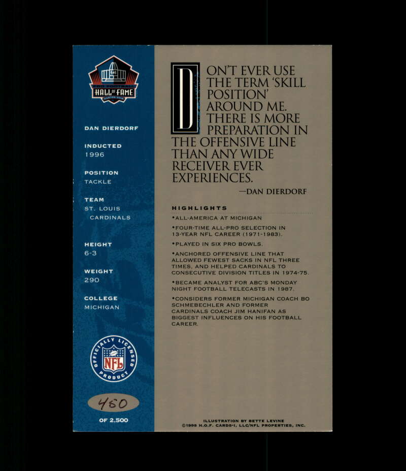 Dan Dierdorf NFL Coa Signed 1998 HOF Signature Series /2500 Autograph