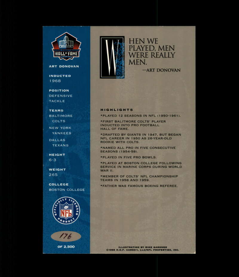 Art Donovan NFL Coa Signed 1998 HOF Signature Series /2500 Autograph